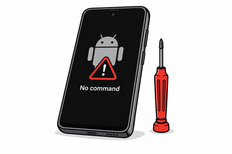 Смартфон с предупреждением No command и отвёрткой — иллюстрация