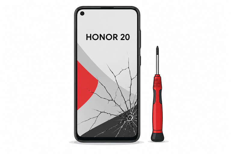 HONOR 20 с камерой слева сверху и трещинами на экране — иллюстрация
