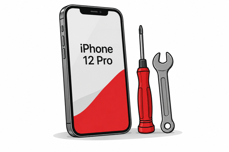 iPhone 12 Pro с широким вырезом экрана и инструментами — иллюстрация